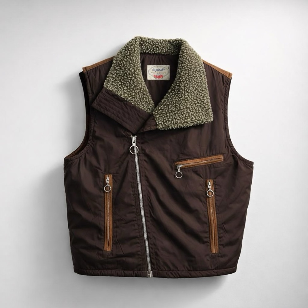 Vintage Brown Quilted Sherpa-Lined Vest Zip Up Front size Small Suede‎ Accents
